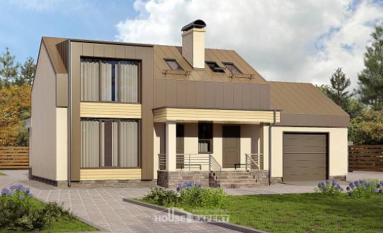 150-015-Л Проект двухэтажного дома мансардный этаж и гаражом, уютный домик из блока Ермолино | Проекты домов от House Expert