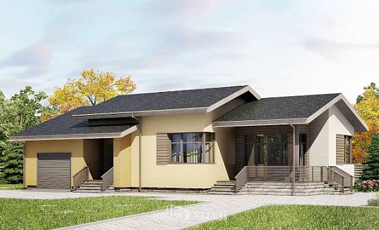 135-002-Л Проект одноэтажного дома и гаражом, простой домик из пеноблока Балабаново | Проекты домов от House Expert