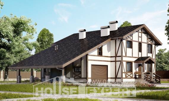250-002-Л Проект двухэтажного дома с мансардой, гараж, современный коттедж из кирпича Людиново, House Expert